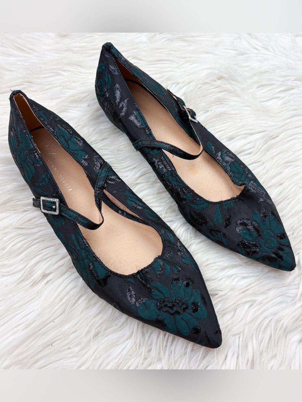 Anthropologie Pointed Toe Mary Jane Flat Emerald Green Black Floral Lace 8.5